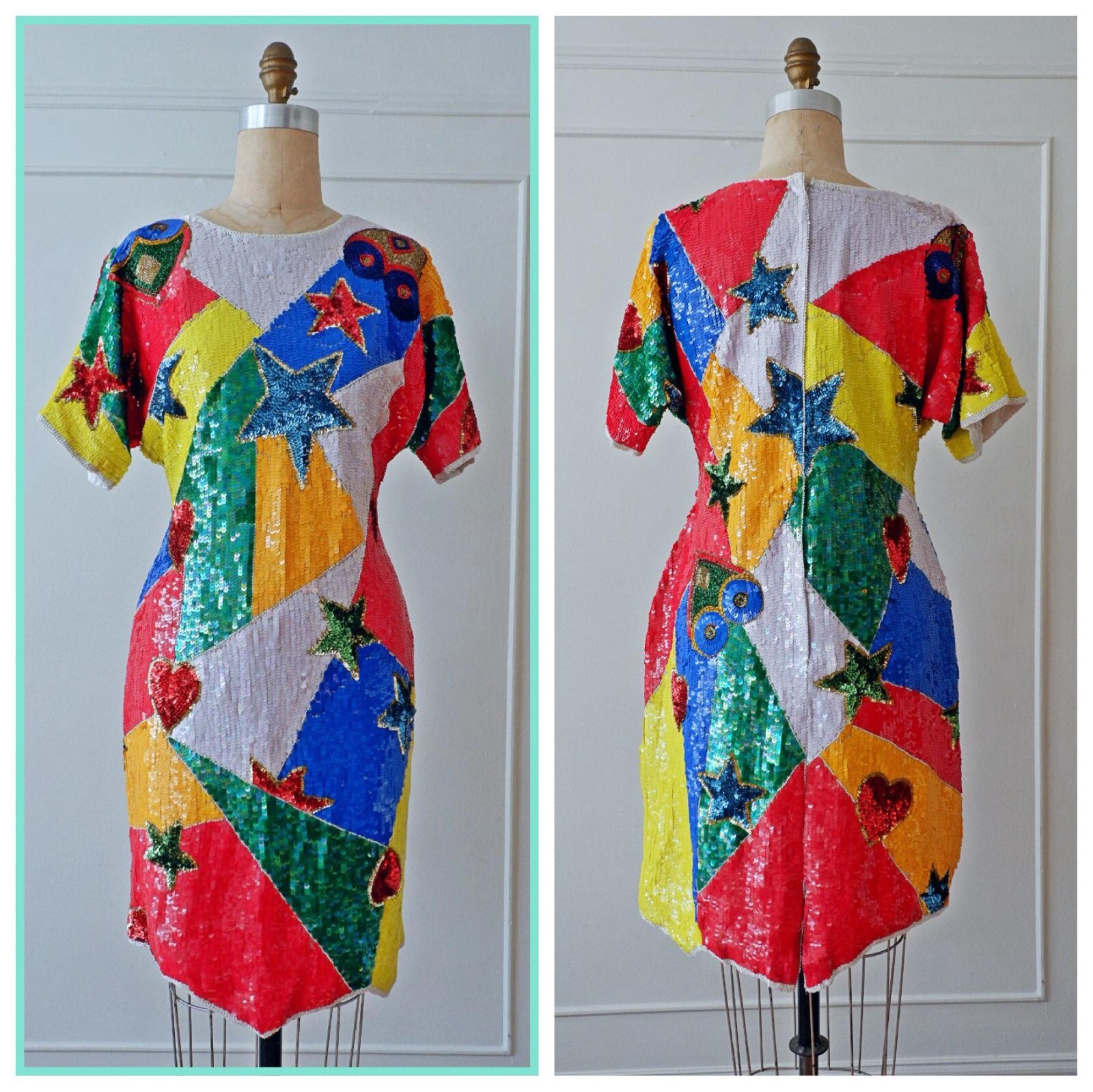 80s Disco Colorful Sequin Dress/Heart & Stars Silk Geometric/ Medium