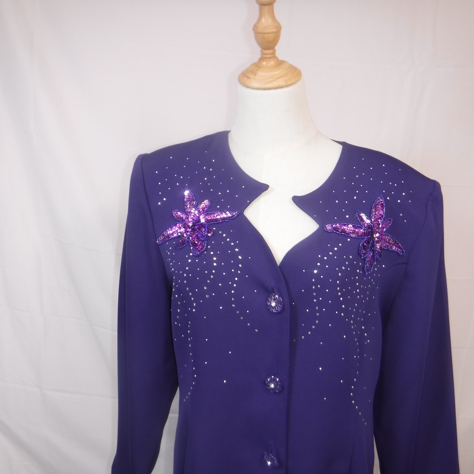 Vintage Dolce Purple Sequin Floral Longline Blazer Maxi Skirt Suit Set Size L