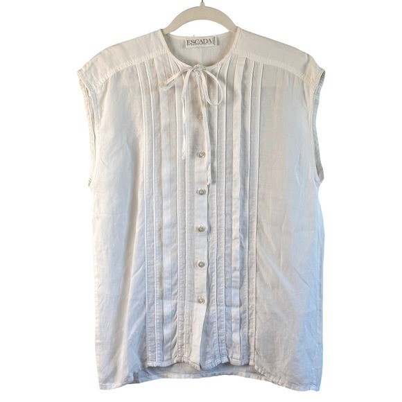 Escada Blouse Vintage Mint Cond White Womens Size M-L Linen Pintuck 1980s