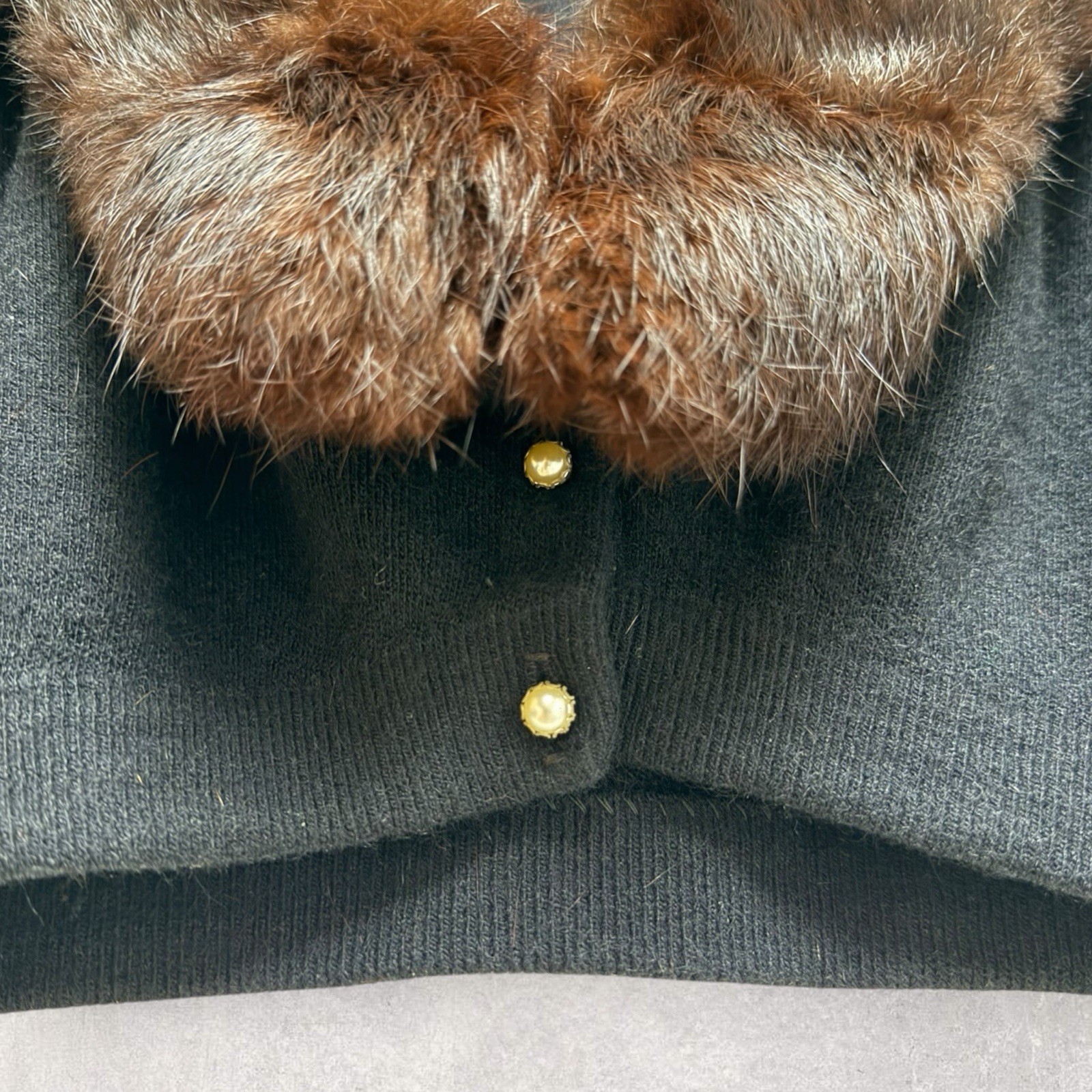 Vtg 50’s Du Pont Orlon Black Cardigan REAL MINK FUR Collar & Pearl Buttons S/M