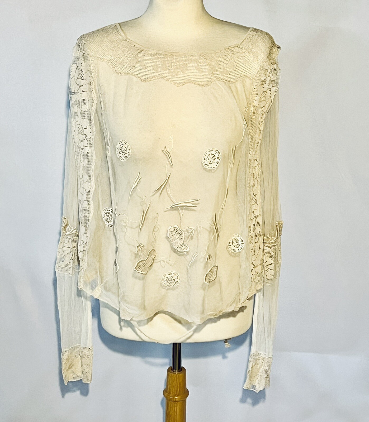 Vintage Early 1900s Ivory Filet & Crochet Lace Embroidered Mesh Blouse Shirt M
