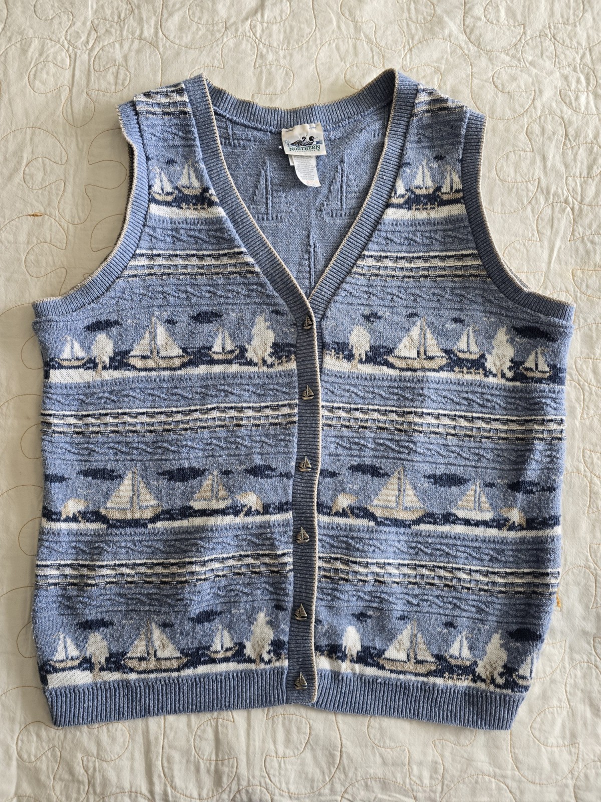 Vintage 90s Sailboat Northern Reflections Sweater Vest XL/TG Whimsical Buttons