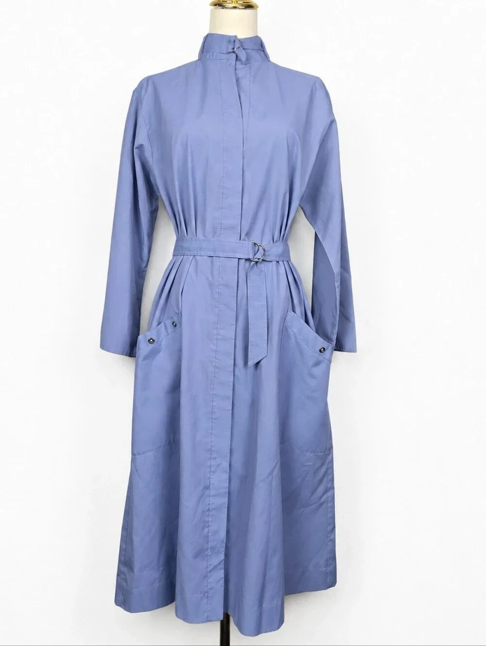 Vintage 80s Utility Shirt Dress Belted Blue Midi USA Safari Minimalist XL