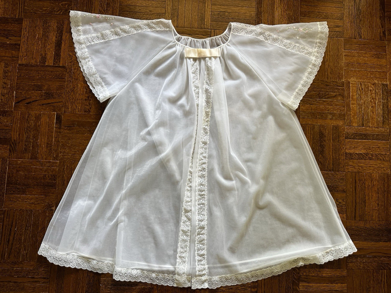 1960s Shadowline Nylon Peignoir Set M Babydoll Robe Lace Floral Sheer Boudoir