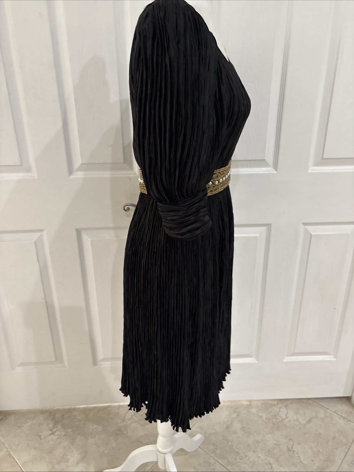 Mary McFadden Pleats Dress Vintage 80s Puffed Sleeve Size 4 Black