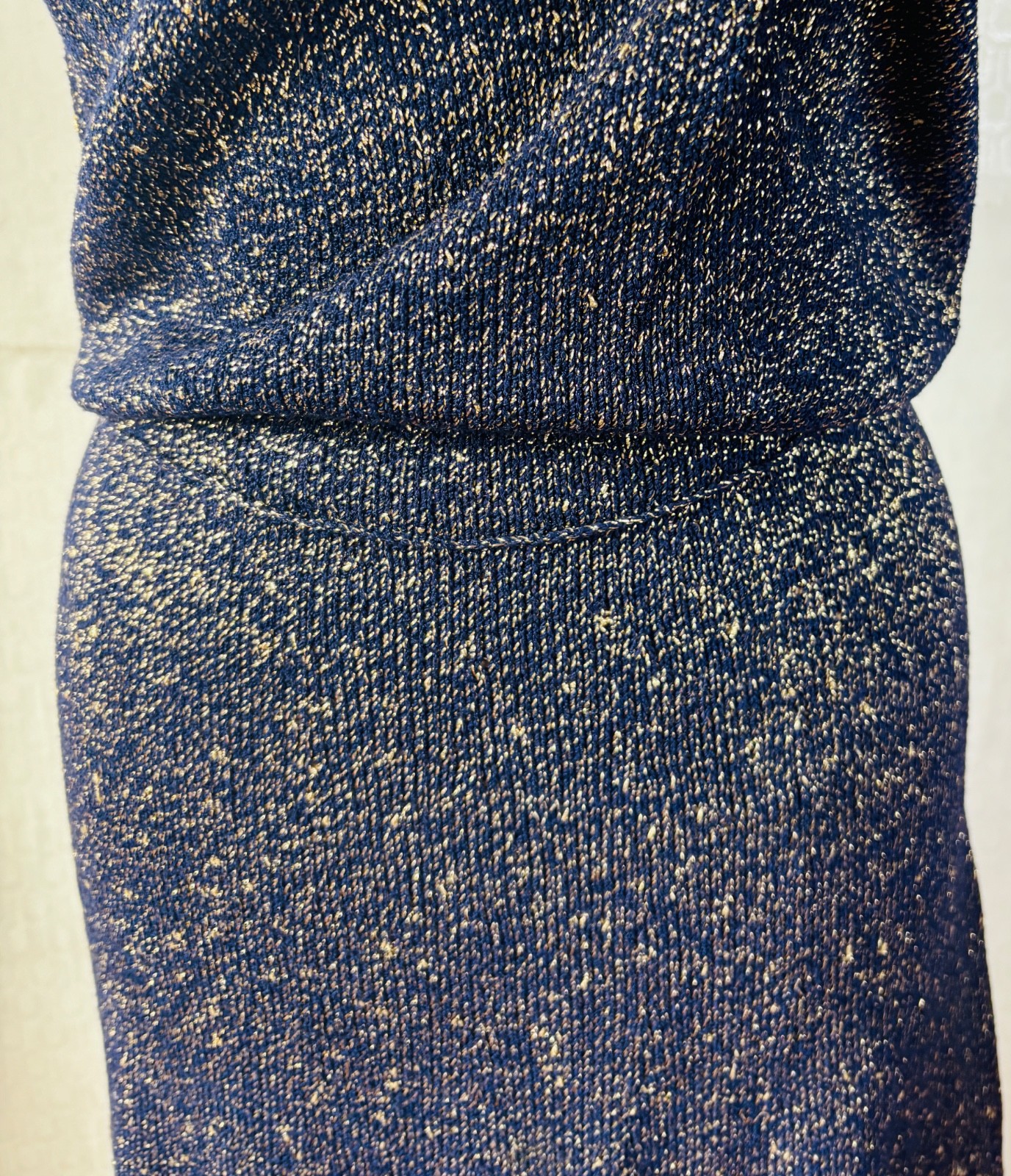 VTG 50’S HAND KNIT FULL CIRCLE SKIRT CROCHET DRESS BLUE&METALLIC GOLD DRESS*S/M