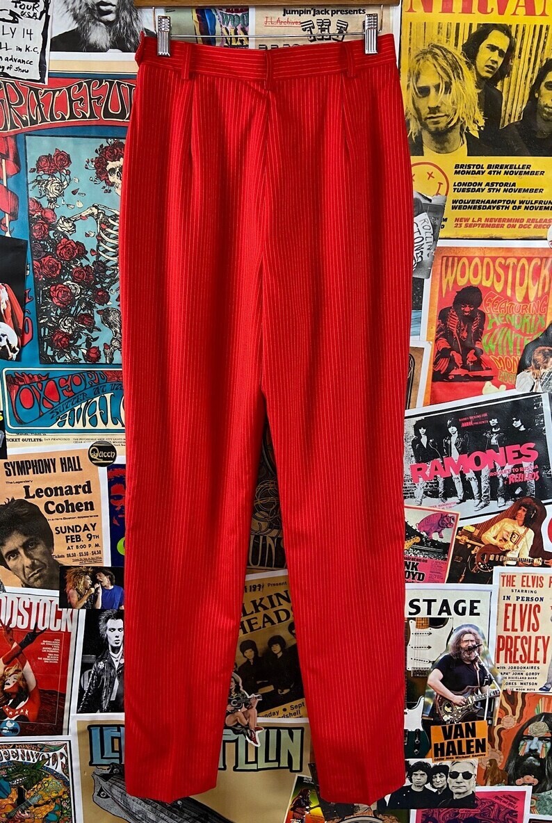 Vtg 90s Red White Pinstripe High Rise Wool Trouser Pants 28×32 Women Menswear