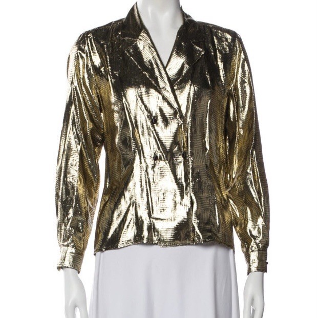 Authentic Christian Dior Gold Lamé Double Breasted Puff Sleeve Evening Jacket