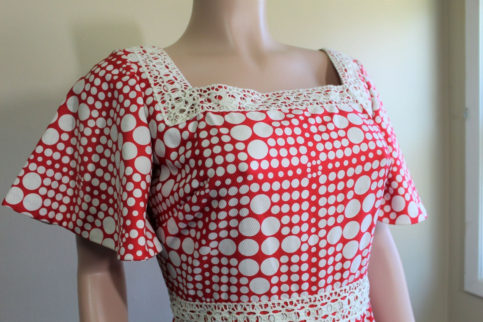 M Vintage 70s Maxi Prom Dress A Line Red White Polka Dot SS Puritan Juniors