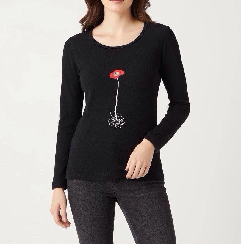 Vintage Sonia Rykiel Black Knit T-Shirt Top Small Embellished Poppy Flower Y2K