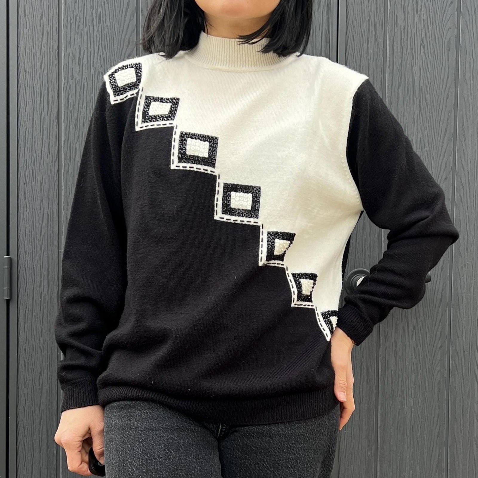 Vintage Black White Graphic Sweater 80s 90s Colorblock Sequin Knit Pullover Med