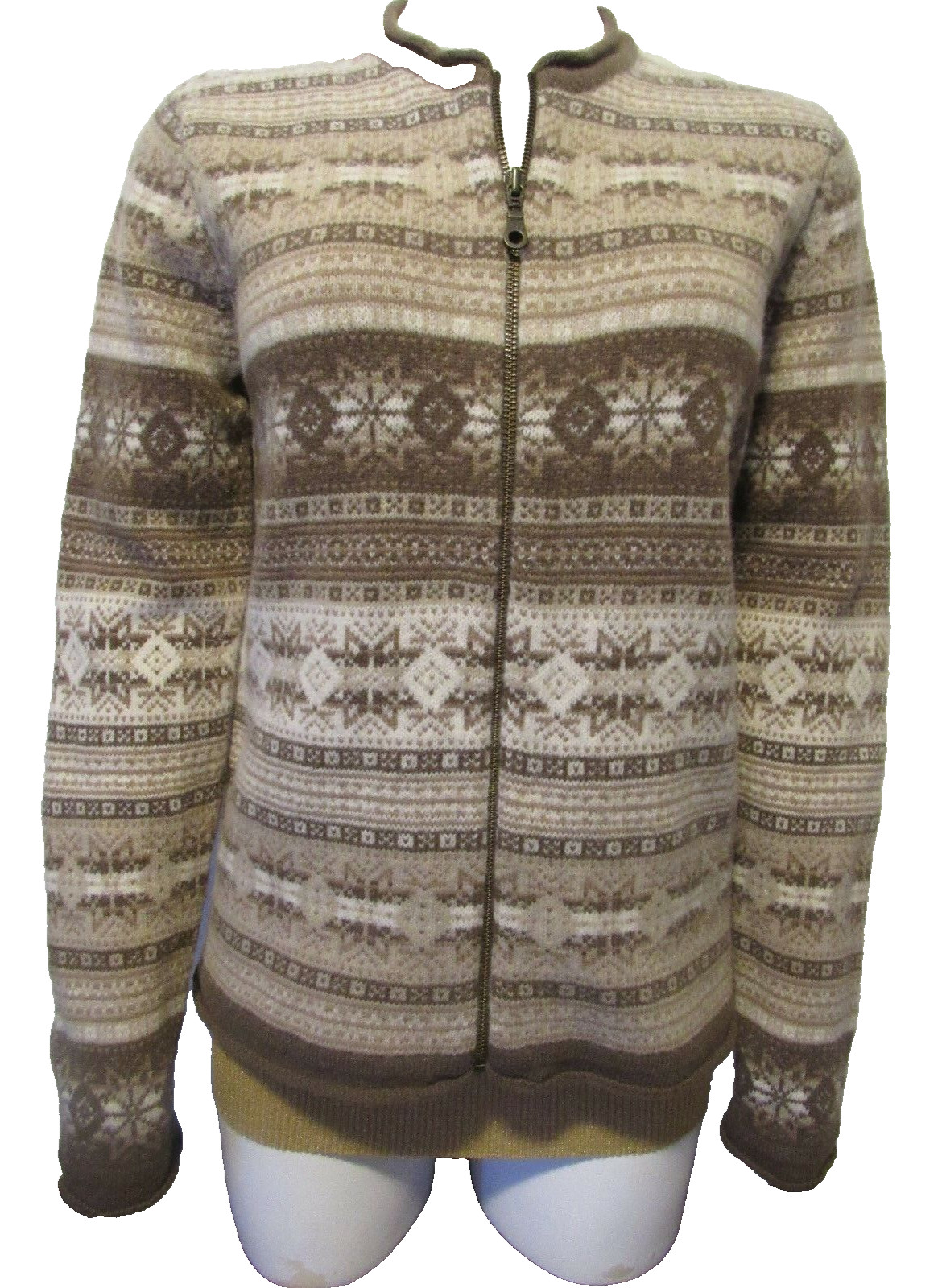 JONES WEAR SPORT Lambs-Wool Fair Isle Nordic Zip Crewneck LS Cardigan Sweater M
