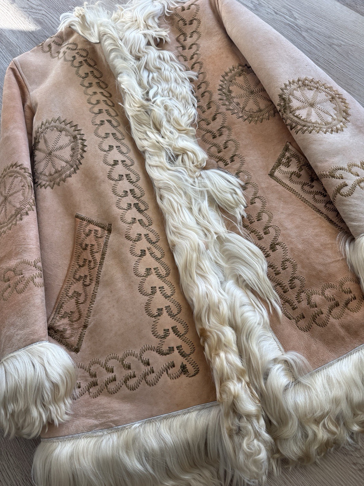 Vintage 1970s Shearling Suede Embroidered Afghan Coat Beige Cream
