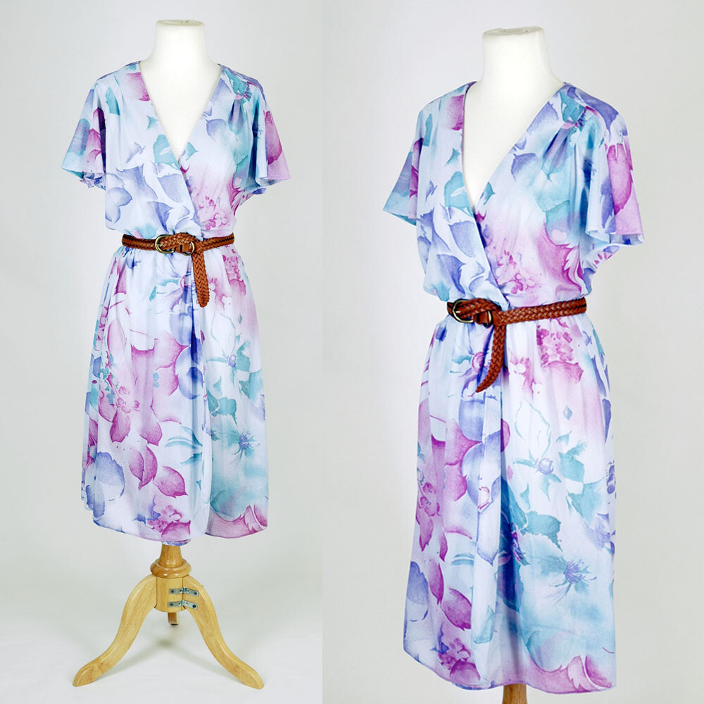 Vintage 1970s Dress Pink & Aqua Blue Spring Floral Print Midi Wrap Sundress