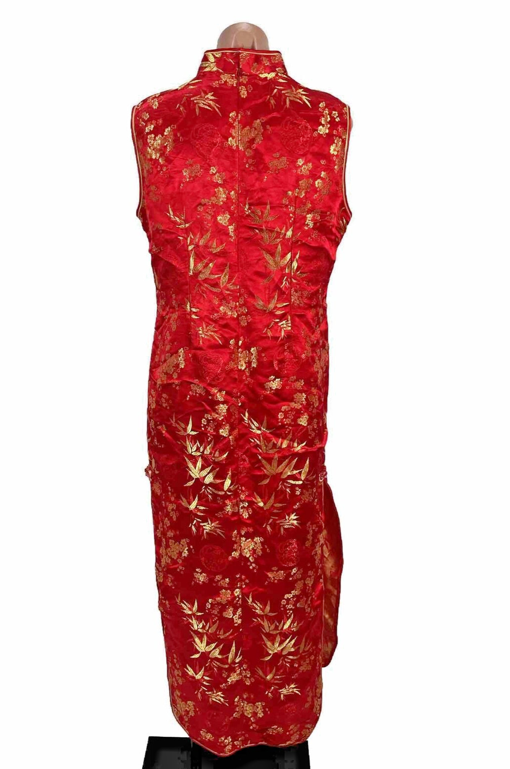 Asian Floral Cheongsam Vintage Dress Mandarin Collar Metallic Gold Red Sz 3xl PH
