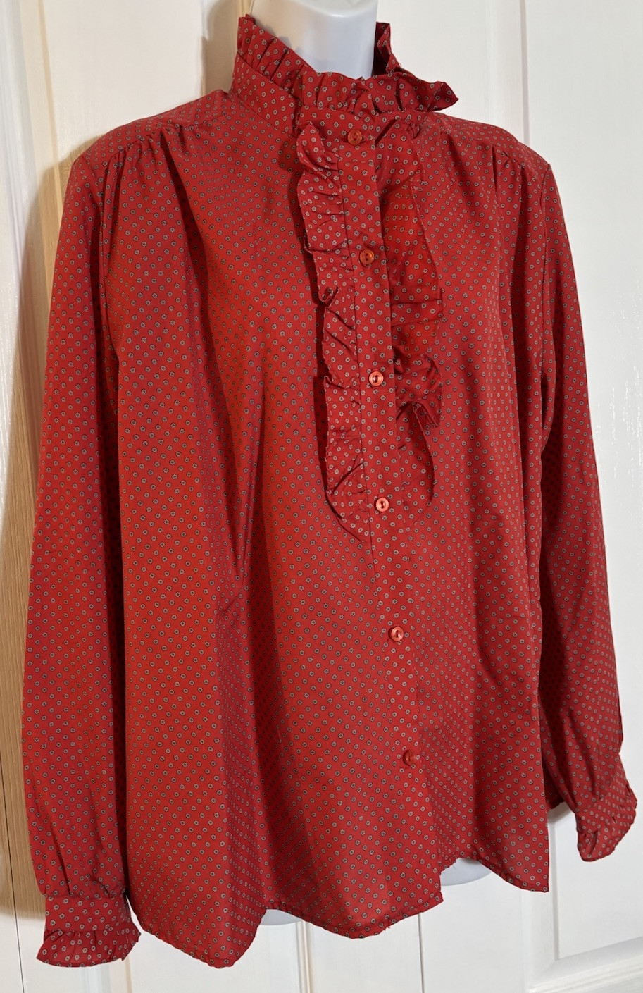 Vintage LEWMAR 1970s Red Floral Ruffled High Neck Blouse Secretary Geek XL