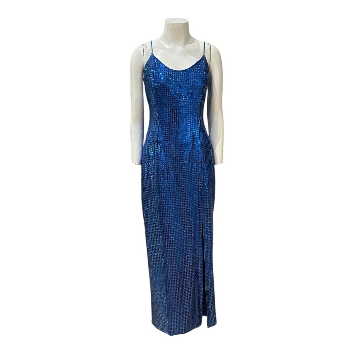 Vintage L.A. Glo Blue Sequin Maxi Dress 90s Spaghetti Strap Gown Small ^