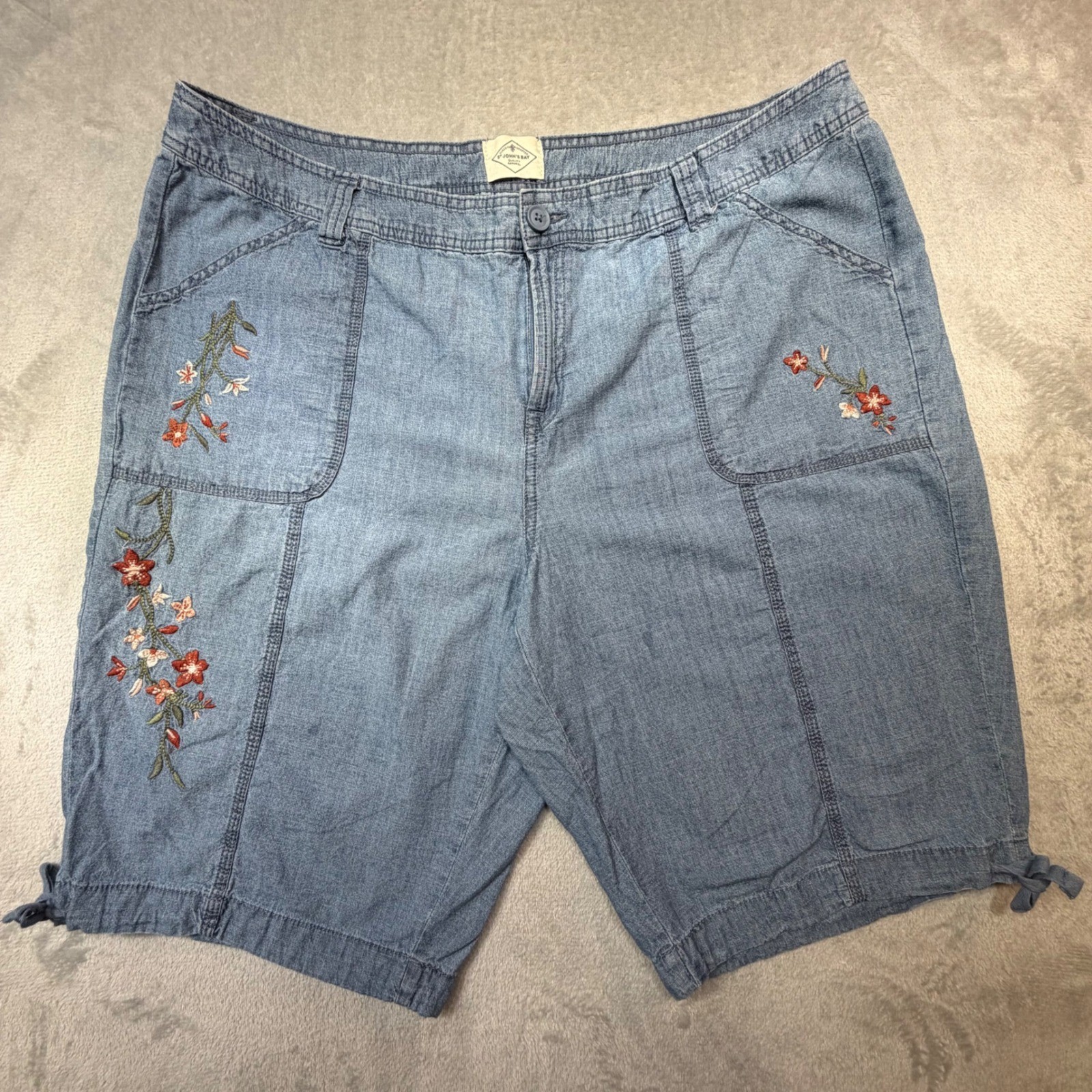 Vintage St. Johns Bay Floral Embroidered Floral Denim Shorts 18 Blue 100% Cotton