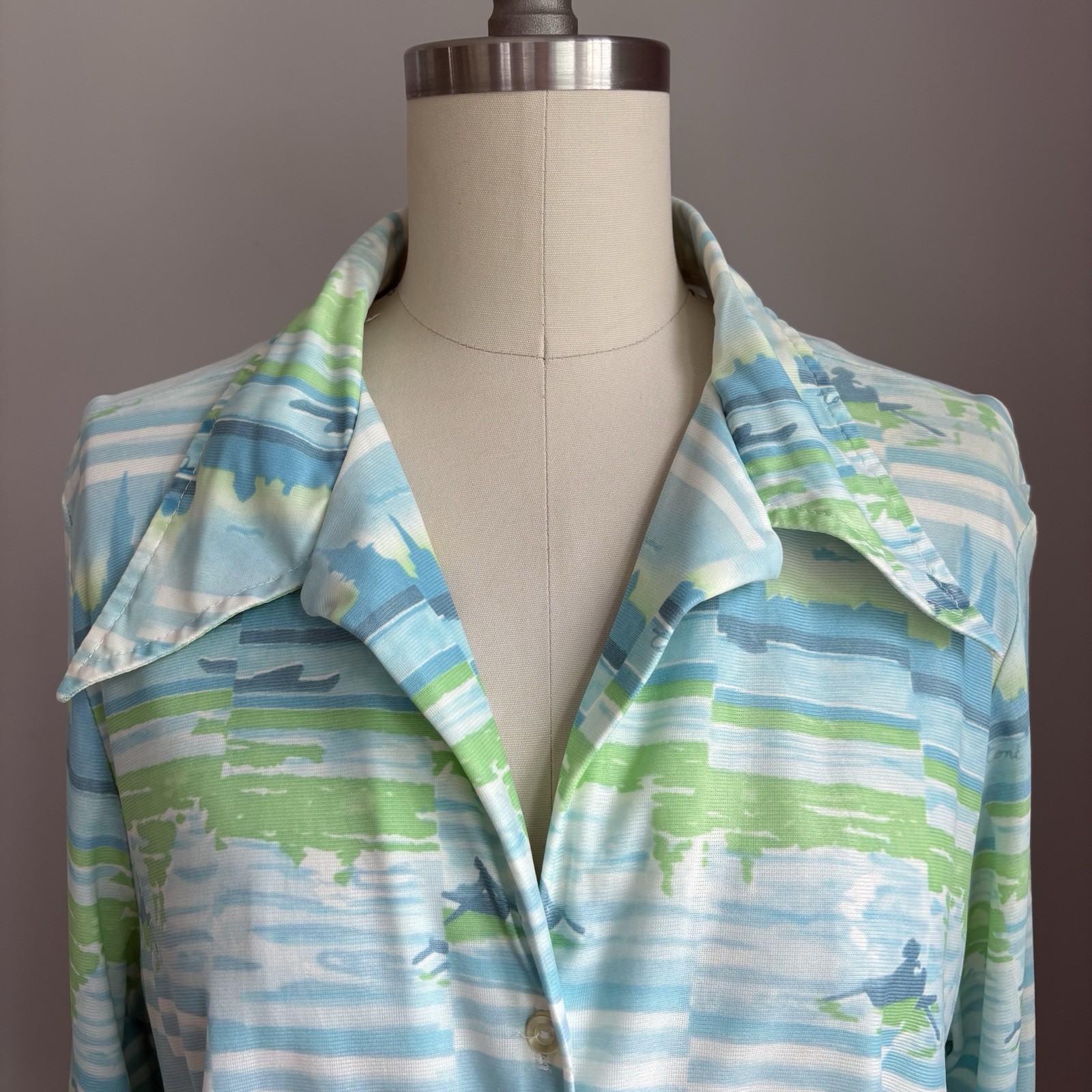 Vintage 1970’s Toni Row Boat Cityscape Print Dagger Collar Button Down Shirt L