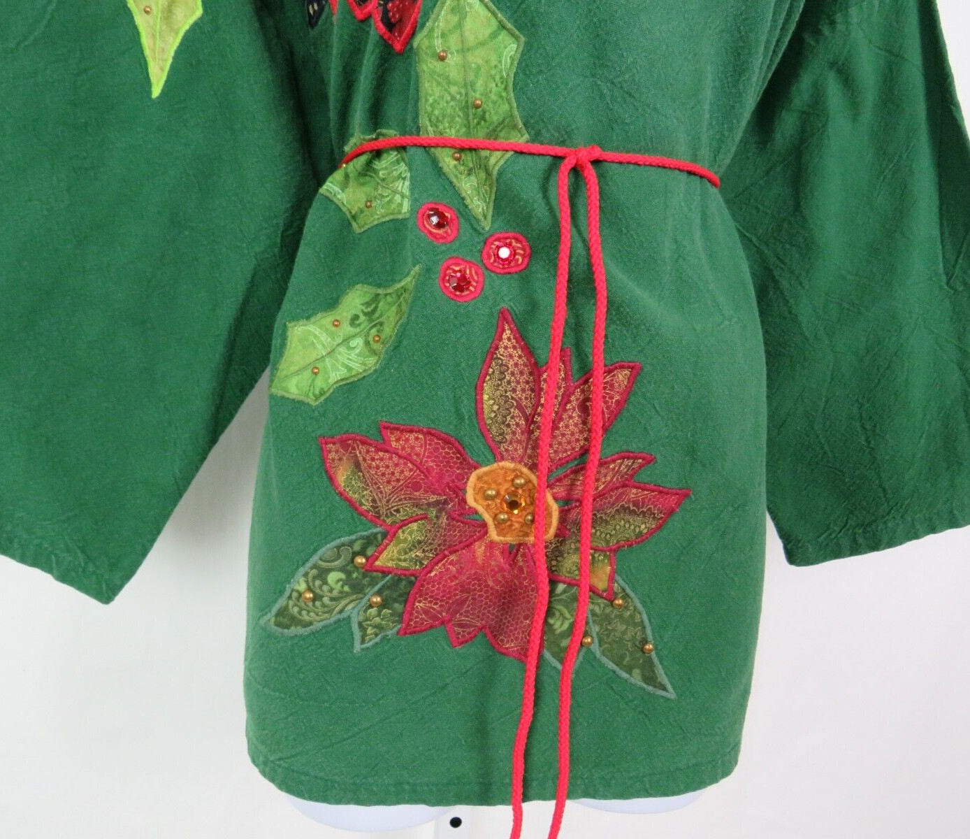 VTG 1970s 80s ALFREDO’S WIFE GREEN COTTON BOHO HIPPIE SMOCK TOP TUNIC POINSETTIA
