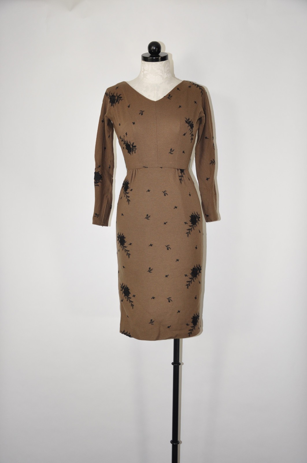 60s Vintage Brown Wool Rose Floral Embroidery Midi Sheath Wiggle Dress Women XS
