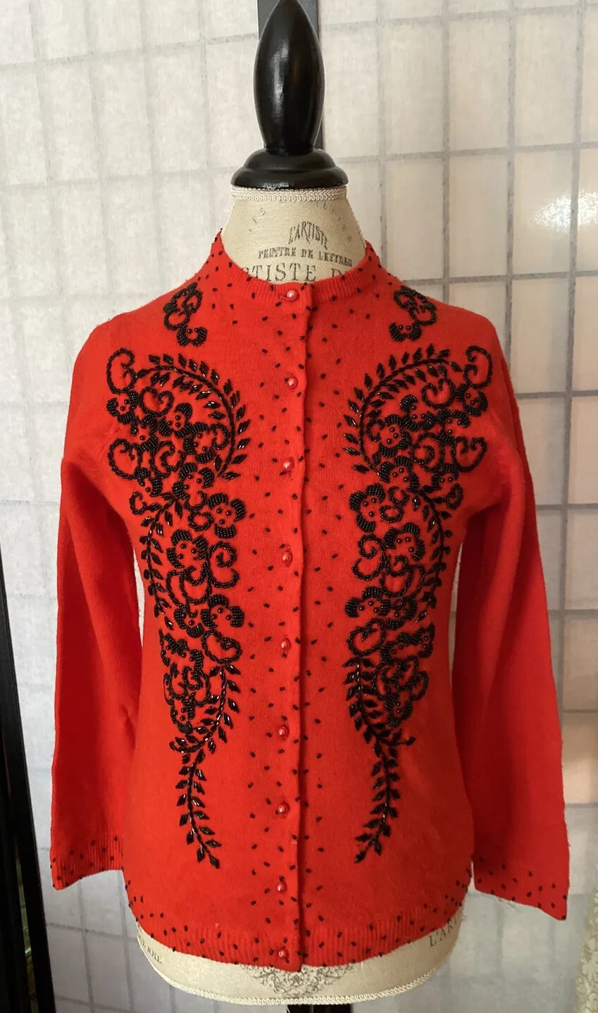 Vintage 40/50’s Stunning Red Blk Beaded Embellish Sweater 38=M/L (36” Bust)