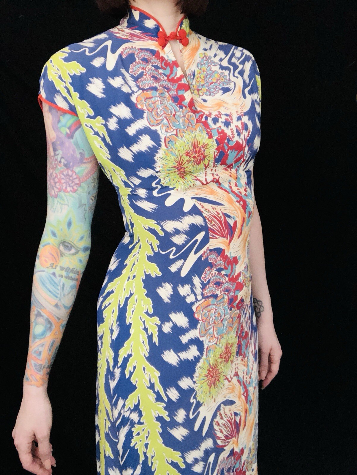 Vintage 1940s 40s Cold Rayon Wild Psychedelic Floral Hawaiian Dress Tiki Oasis