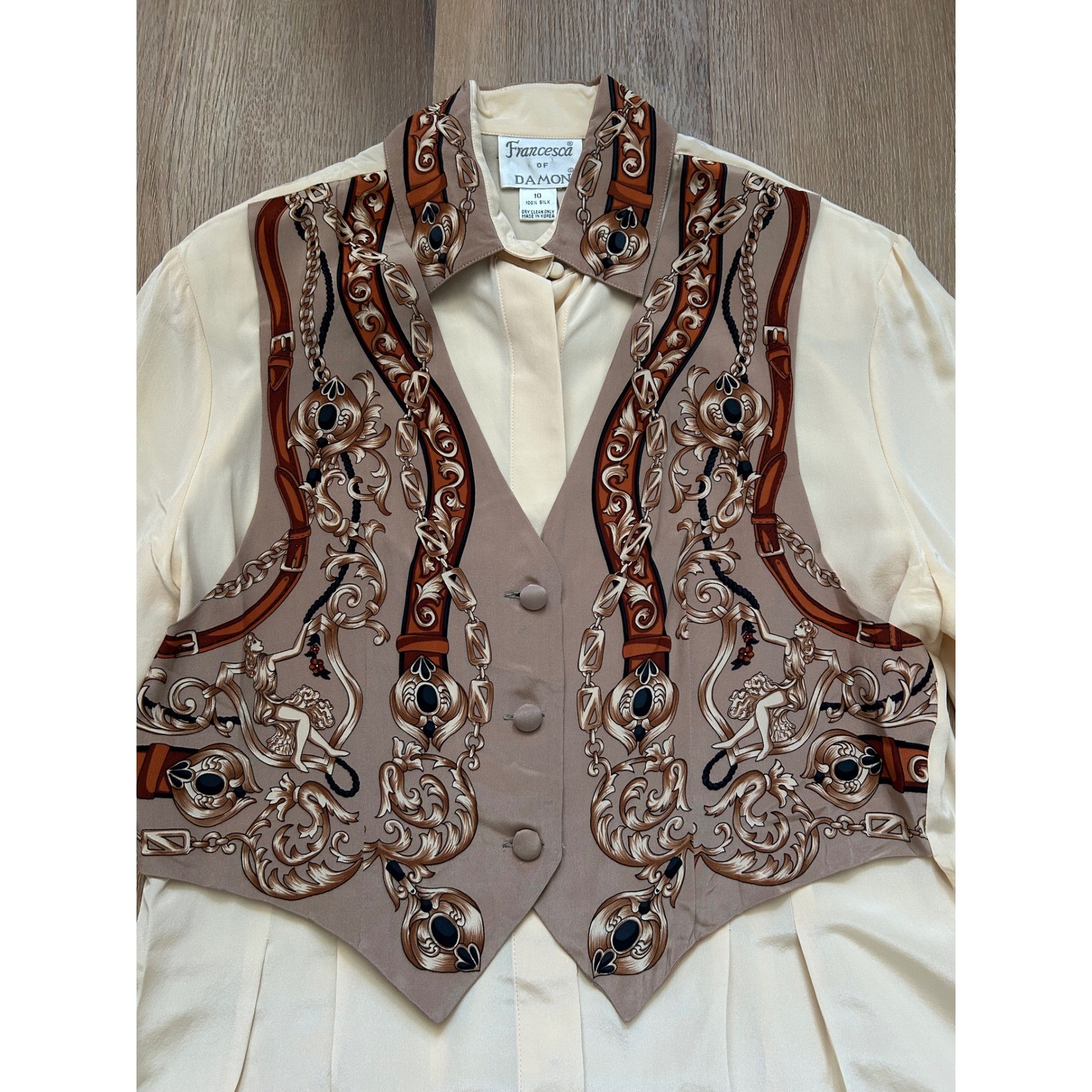 Francesca of Damon Vintage 100% Silk Blouse Trompe Loeil Vest Print Cream 10