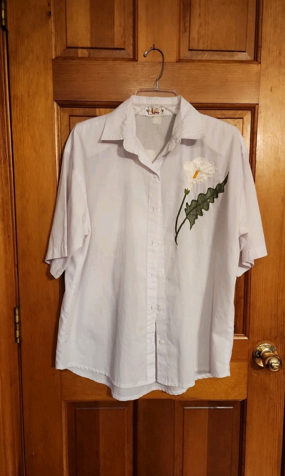 Vtg 80s White Cotton Blouse Short Sleeve Calla Lily Embroidered Shoulder Pads L
