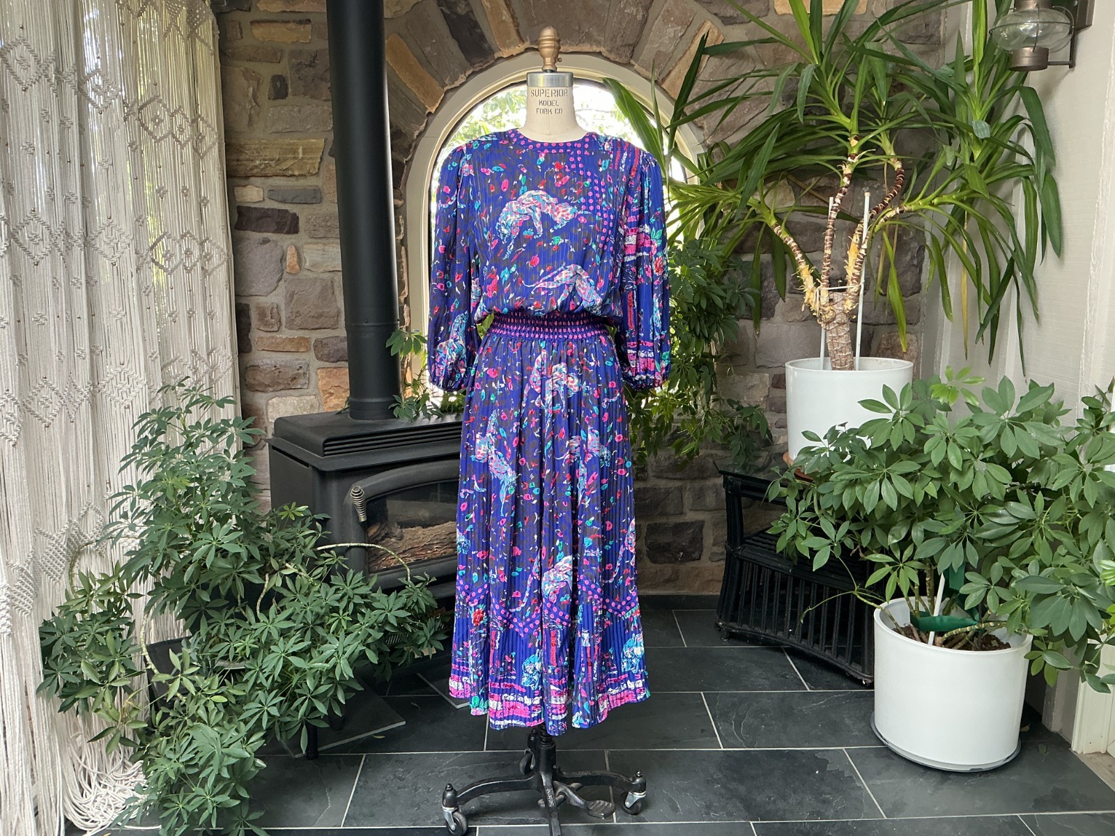 Vintage Blue and Pink Sequin Panther and Floral Print Midi Dress Diane Freis