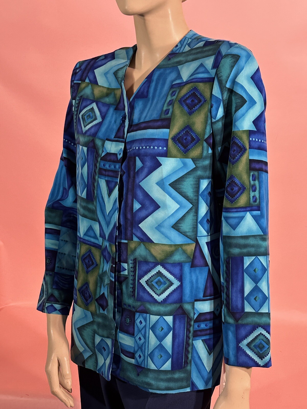 VTG N Touch Petites 80’s Women’s Blouse Turquoise Shoulder Pads Geometric