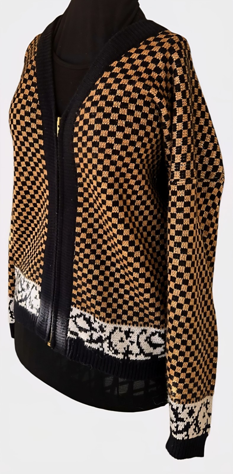 1980s GLADYS BAGLEY Metallic Gold And Black Checkerboard Cardigan Sweater Size M