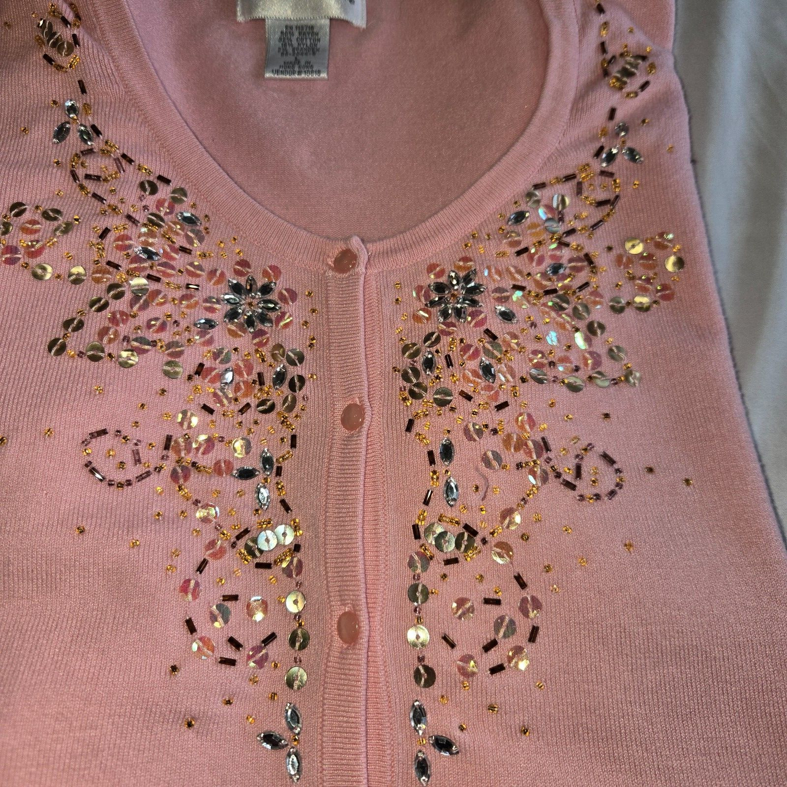 Vtg Chadwick’s Hong Kong Beaded Embellished Pink Cardigan Sweater Sz Large READ