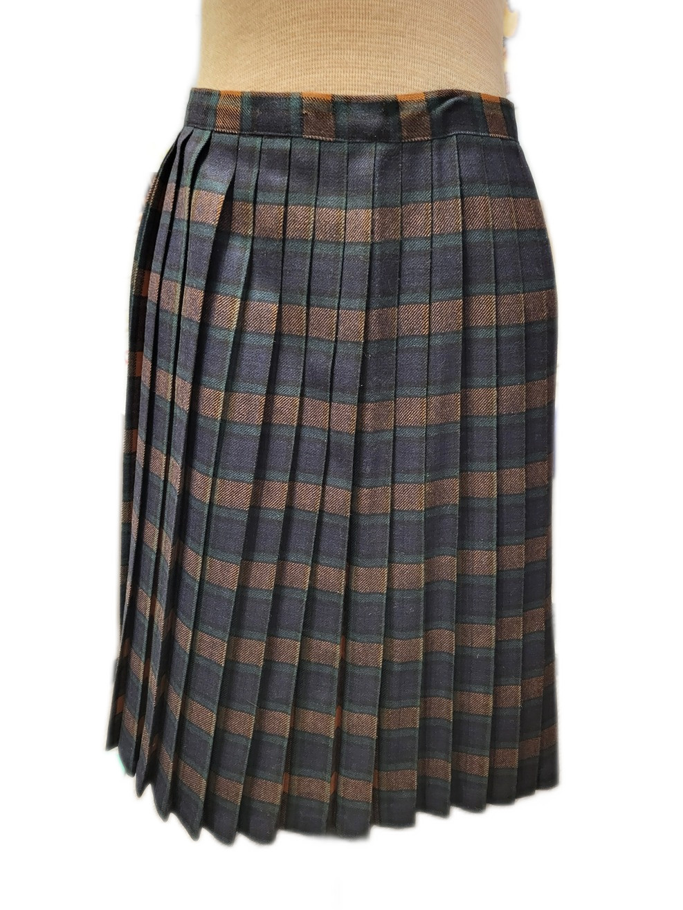 Vintage 50s/60s Navy Blue & Brown Plaid Wool Knee Length Pleated Skirt Academia