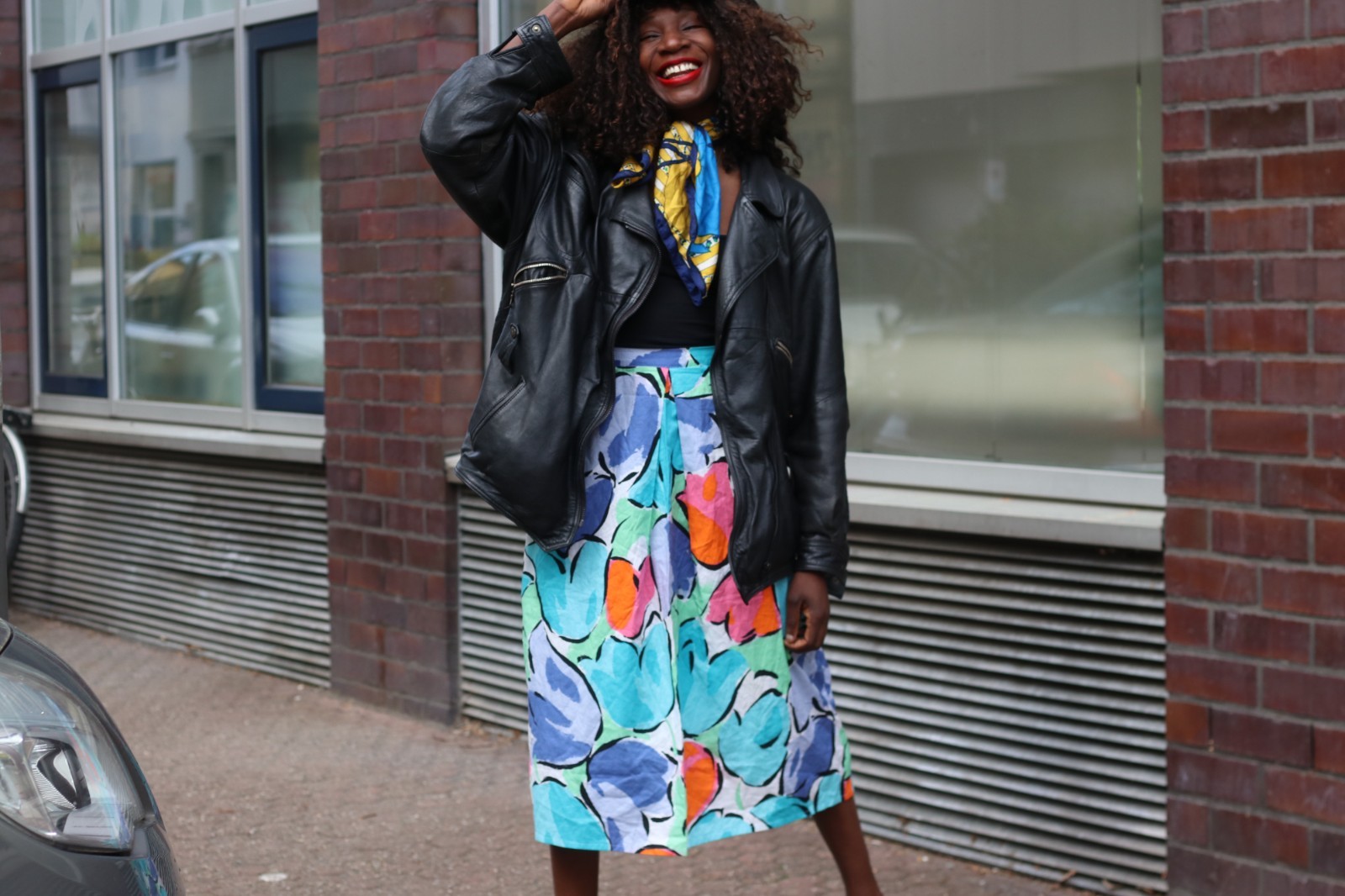 Vintage Midi Skirt Floral High Waist Cotton Multicoloured 70s A Line