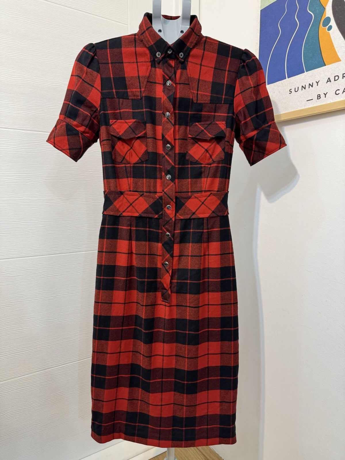 D&G Dolce Gabbana Red Black Plaid Wool Shirt Dress IT 42 US 6