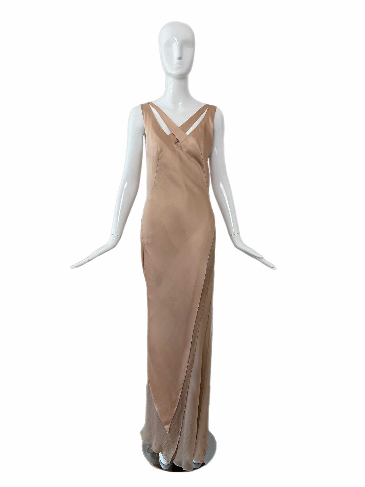 DANES 2000’s Vintage True Nude Blush Liquid Silk Chiffon Evening Gown Maxi Dress