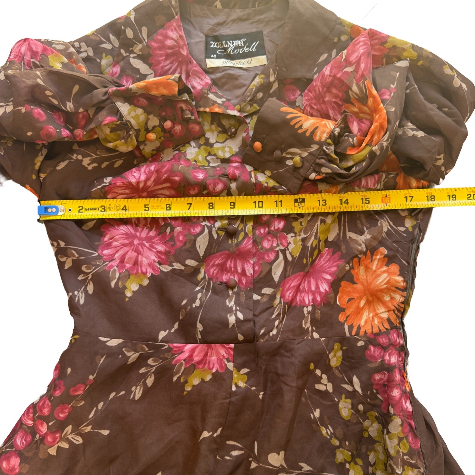 Vintage 1970s Zollner Modell German Floral Blouse Sheer Bishop Sleeve Peplum