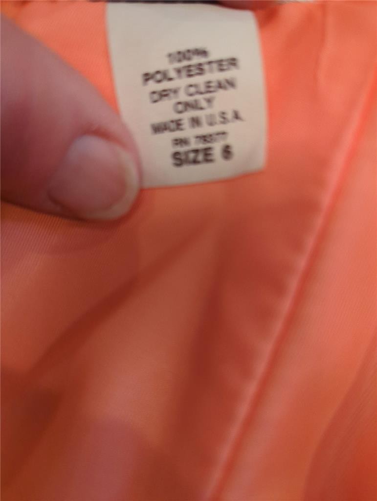 1980’s VTG. ORANGE RUCHED SPAGHETTI STRAPS RHINESTONE CLIP DRESS-32″ BUST-USA