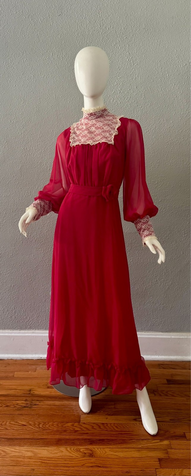 Vintage 70s Chiffon Prairie Cottage Core Party Victorian Maxi Dress M