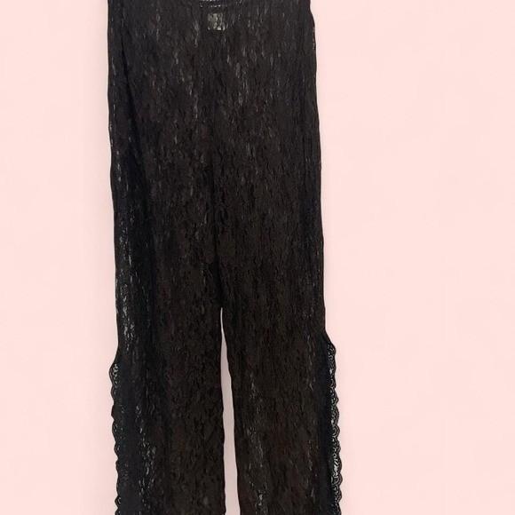 Vintage Twiggy Brown Floral Lace 2 Piece Set Tunic Top and Wide Leg Pants Small