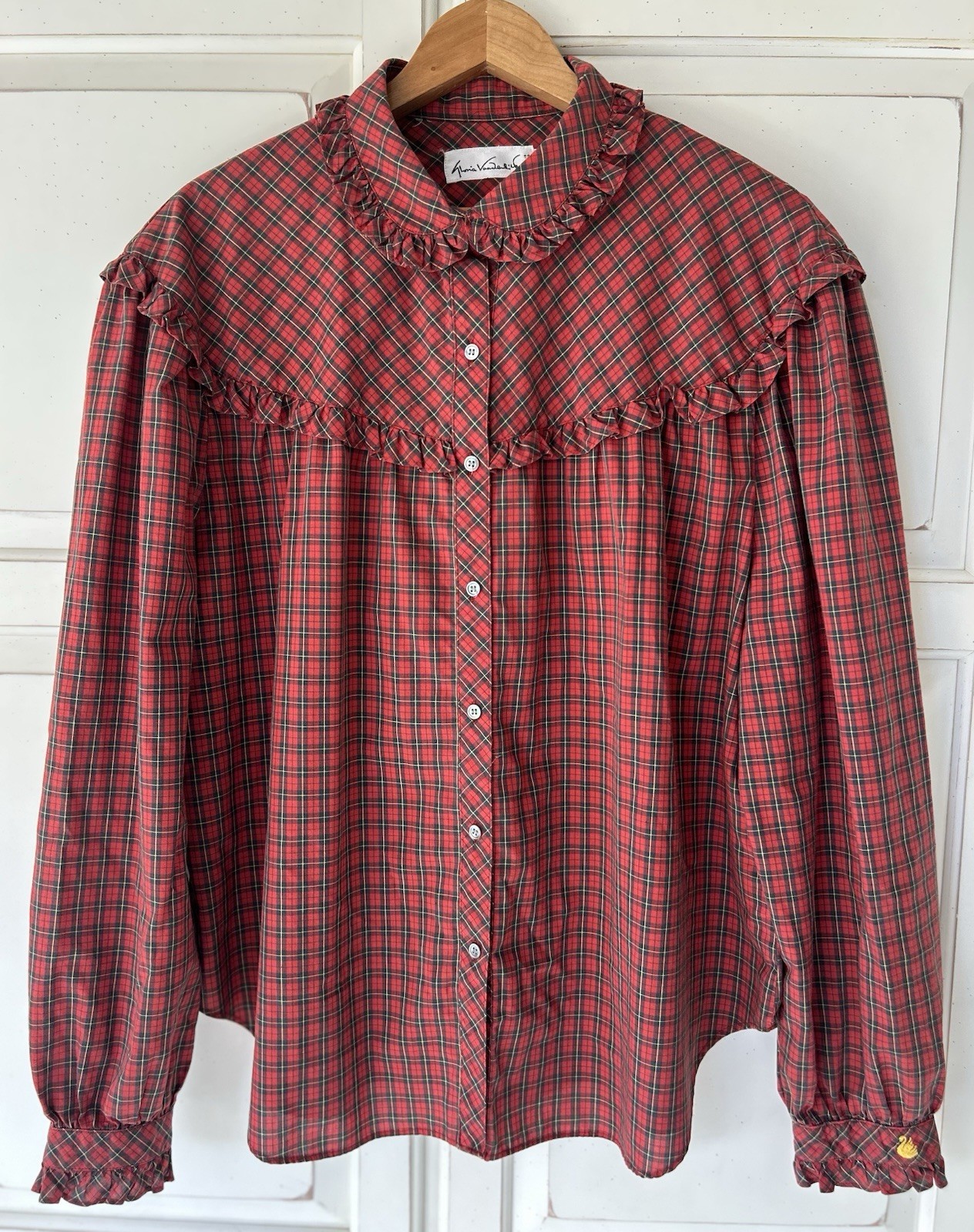 VTG 70s GLORIA VANDERBILT Plaid Ruffle Trim Prairie Victorian Button Top Sz 40