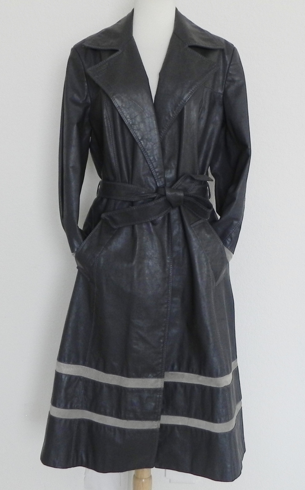 The Tannery Montgomery Ward Leather Overcoat Pockets Gray Midi Belted Size M