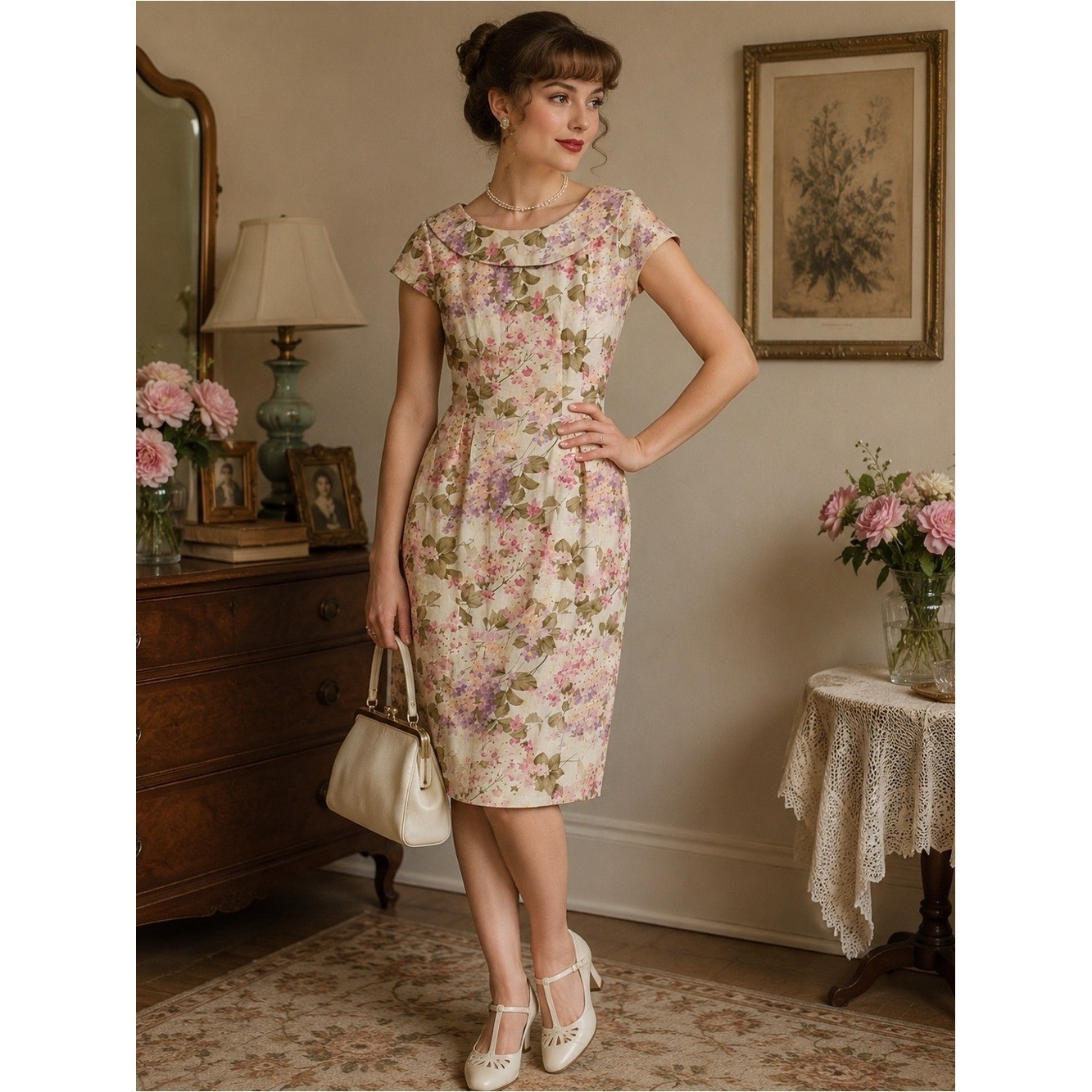 Vintage Maggie London Floral Mini Dress Peter Pan Collar Linen Blend Size 4