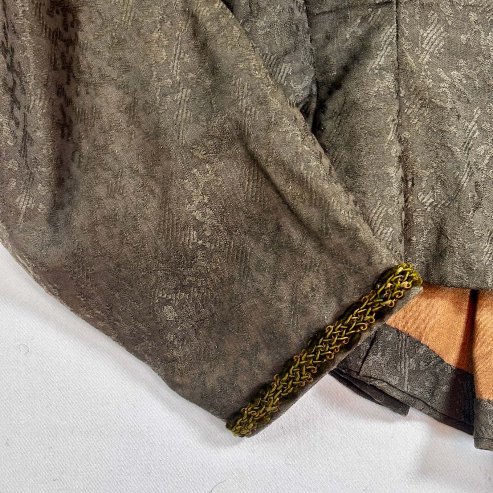 Antique Edwardian Moss Green Jacquard Wool Jacket Blouse Lace Floral Buttons