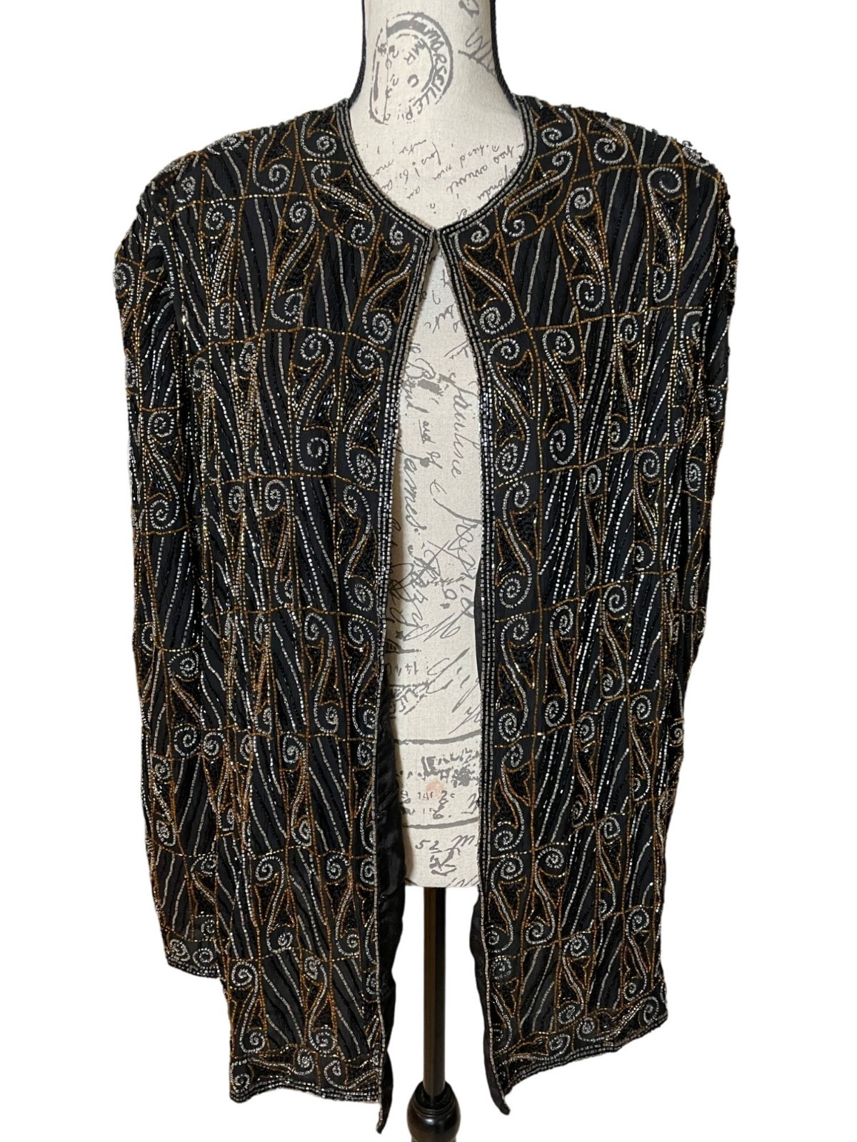 Valerie Stevens Evening black Gold Silver Beaded Silk Cardigan Vintage Blazer 22