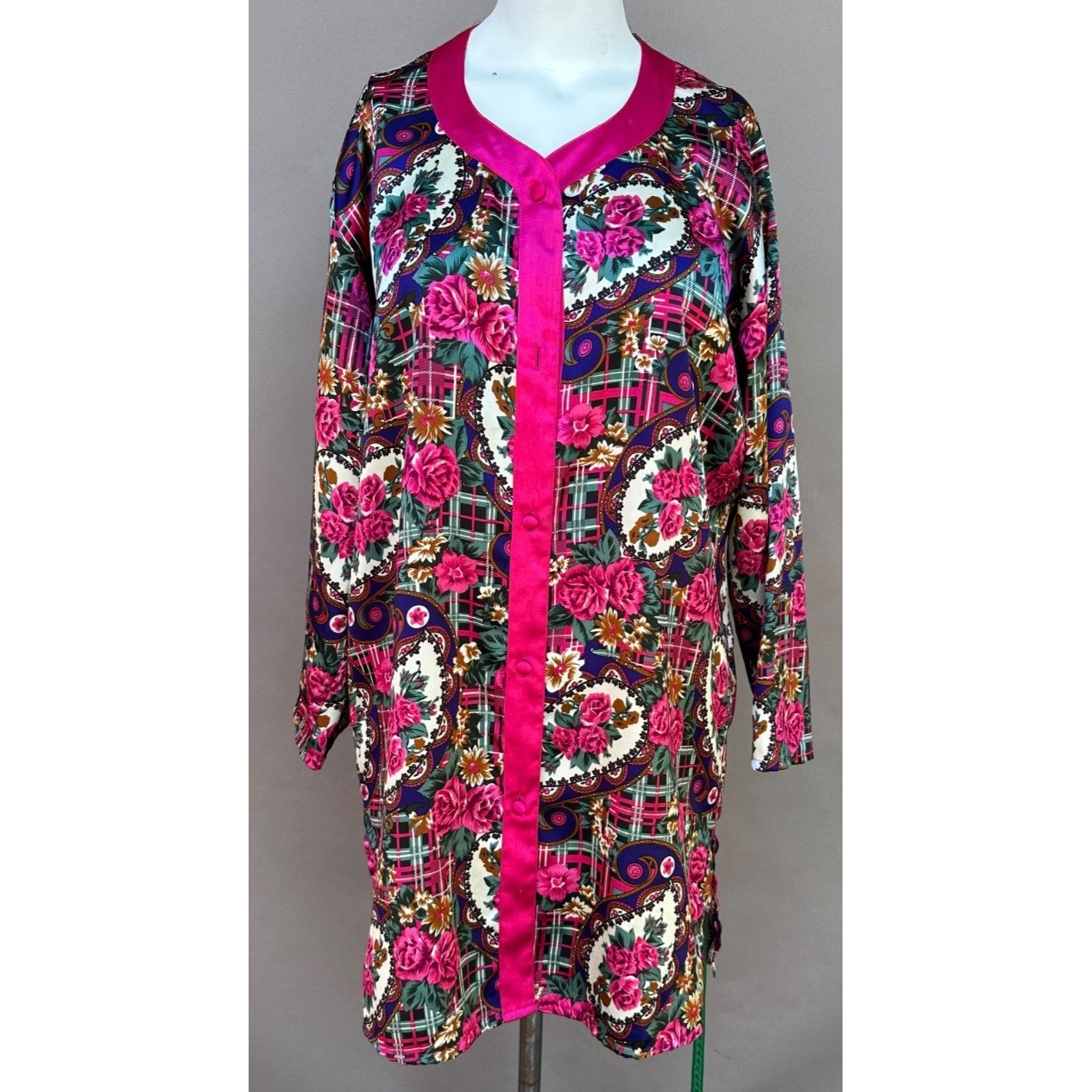 Vintage Dora C Night Shirt M Satin Floral Plaid Paisley Grandmacore Pink 80s