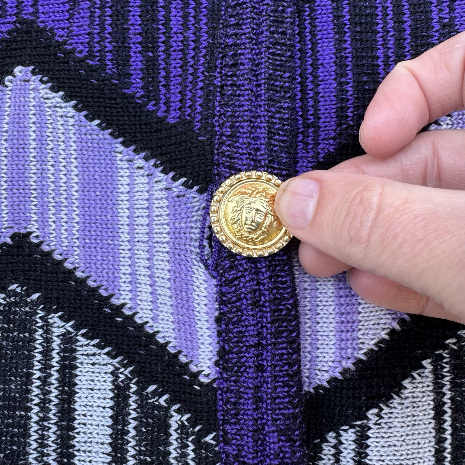 VTG 90s Gianni Versace Virgin Wool Cardigan Sweater Colorful Gold Buttons S READ