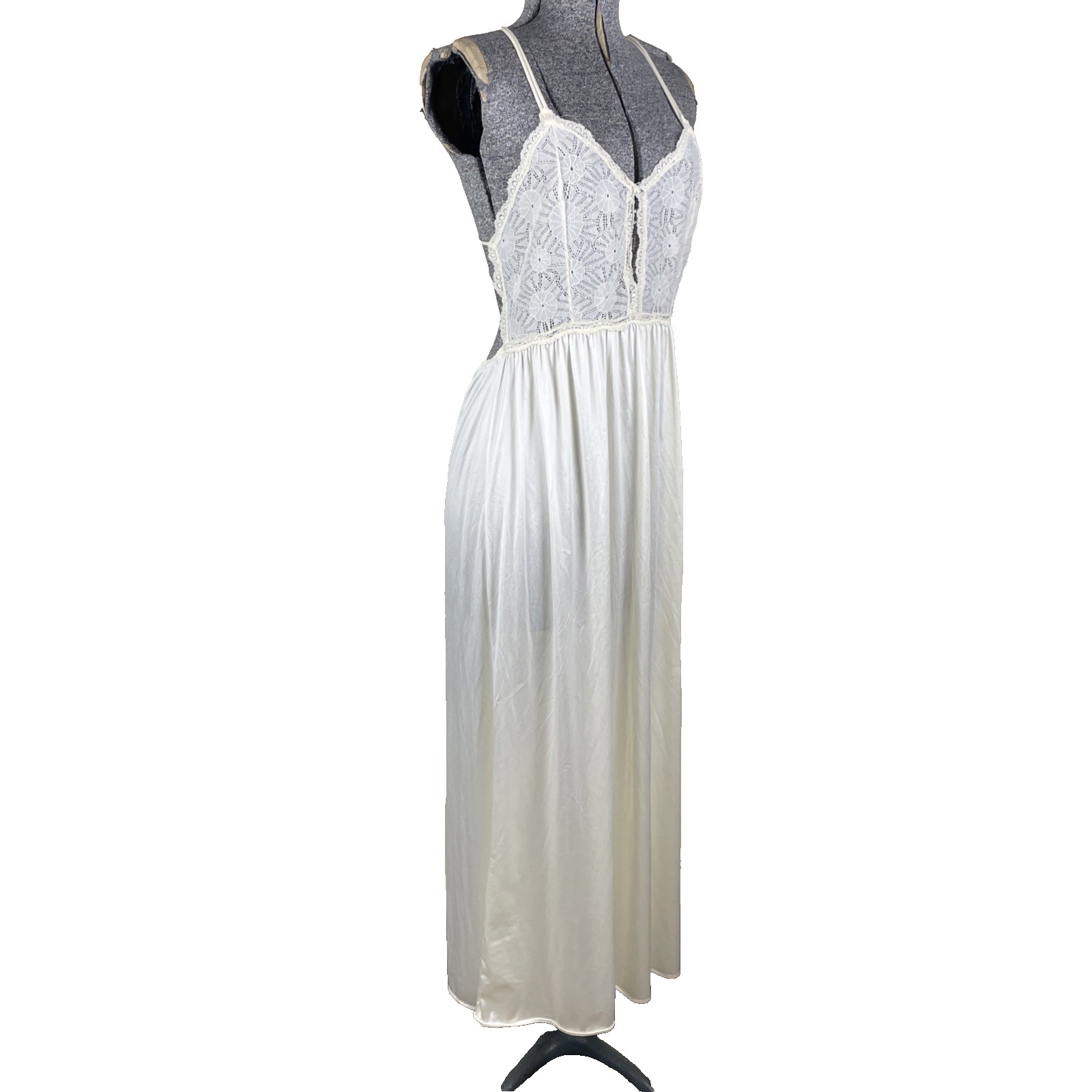 Vintage 80s Joie De Vie Nightgown Size Small Ivory Backless Keyhole Nylon Lace
