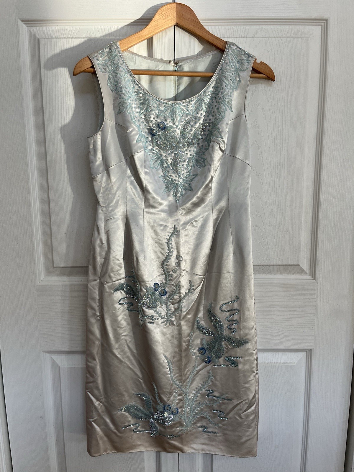 VTG 50/60s Satin Hand Beaded Sequin Light Blue Sheath Dress Sz Small Fish Koi